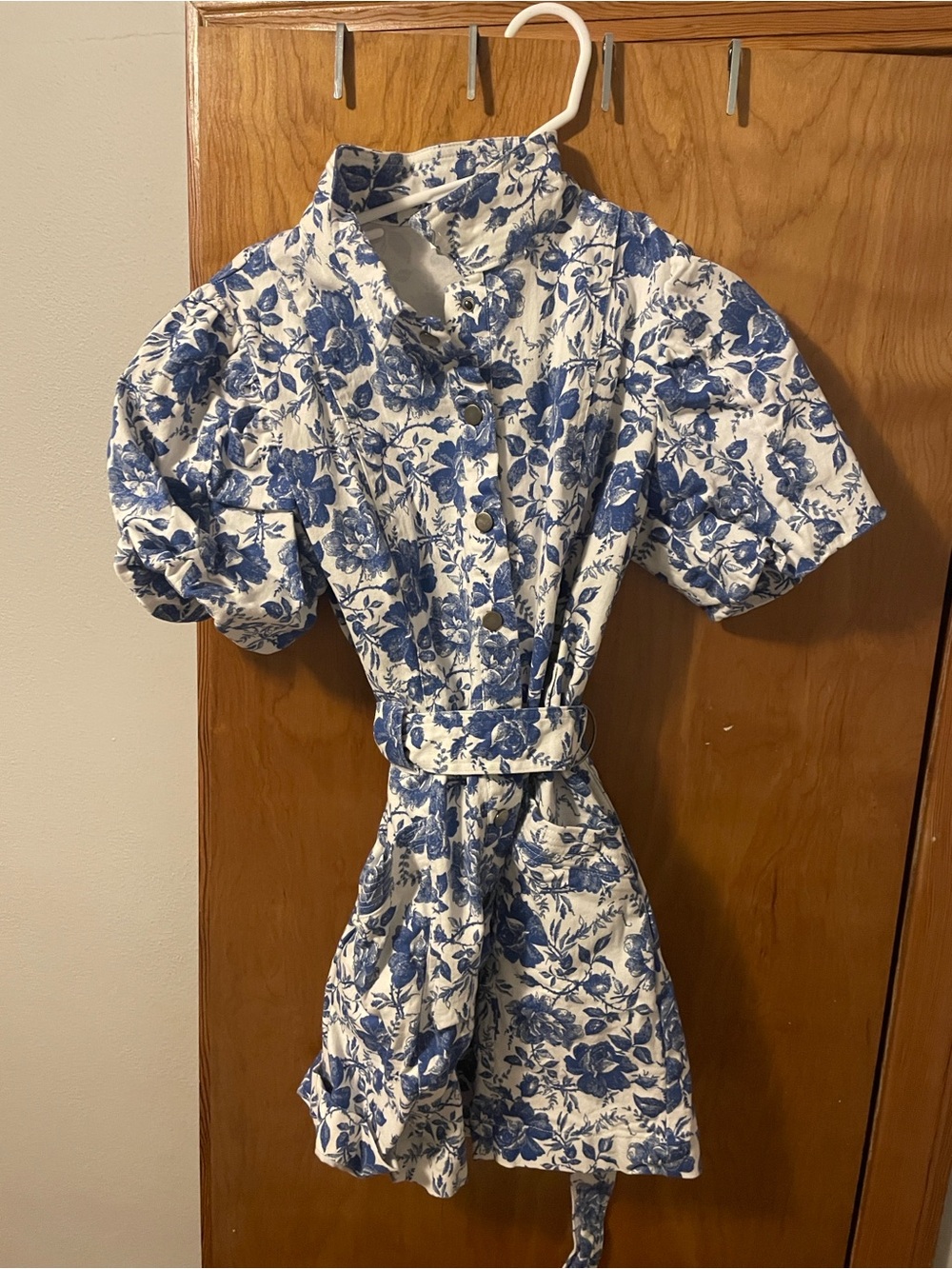 Blue & White Floral Belted Mini Dress